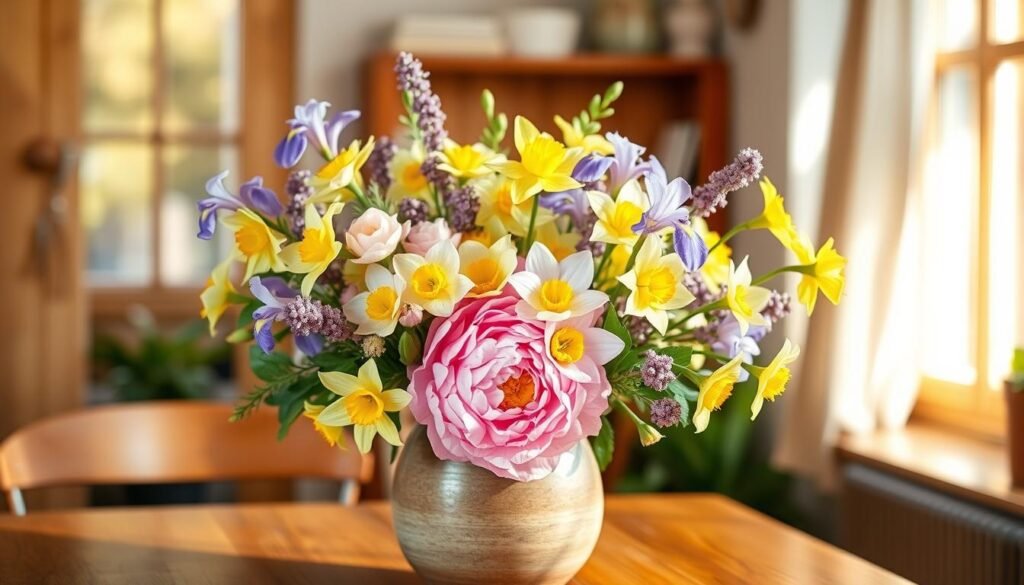 A vibrant and cheerful bouquet of spring flowers, arranged in a rustic ceramic vase on a wooden table. The arrangement features a mix of delicate pastel-colored blossoms, including soft pink peonies, lavender irises, and sunny yellow daffodils. The flowers are illuminated by warm, natural light streaming in through a nearby window, casting a gentle glow over the scene. The background is blurred, allowing the beautiful floral centerpiece to take center stage. The overall mood is one of fresh, springtime joy and tranquility, perfectly capturing the essence of bringing nature's beauty indoors. A vibrant and cheerful bouquet of spring flowers, arranged in a rustic ceramic vase on a wooden table. The arrangement features a mix of delicate pastel-colored blossoms, including soft pink peonies, lavender irises, and sunny yellow daffodils. The flowers are illuminated by warm, natural light streaming in through a nearby window, casting a gentle glow over the scene. The background is blurred, allowing the beautiful floral centerpiece to take center stage. The overall mood is one of fresh, springtime joy and tranquility, perfectly capturing the essence of bringing nature's beauty indoors.