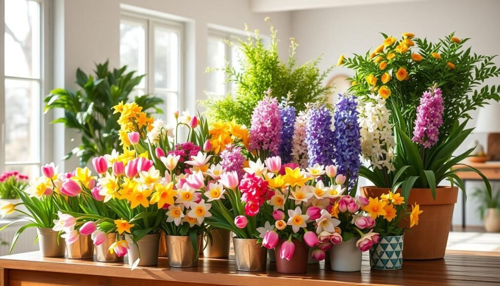 A vibrant, cheerful display of potted spring flowers arranged on a wooden table, with sunlight filtering through large windows and casting a warm, natural glow. In the foreground, a variety of colorful blooms including tulips, daffodils, and hyacinths in assorted pastel shades. The middle ground features a mix of potted plants with lush, verdant foliage, creating a layered and dynamic composition. The background showcases a serene, minimalist interior with clean lines and neutral tones, allowing the flowers to take center stage. The scene exudes a sense of freshness, renewal, and the joyful spirit of the spring season. A vibrant, cheerful display of potted spring flowers arranged on a wooden table, with sunlight filtering through large windows and casting a warm, natural glow. In the foreground, a variety of colorful blooms including tulips, daffodils, and hyacinths in assorted pastel shades. The middle ground features a mix of potted plants with lush, verdant foliage, creating a layered and dynamic composition. The background showcases a serene, minimalist interior with clean lines and neutral tones, allowing the flowers to take center stage. The scene exudes a sense of freshness, renewal, and the joyful spirit of the spring season.