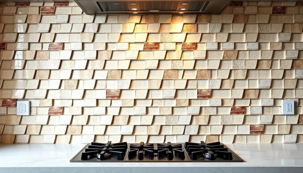 A vibrant, modern kitchen backsplash featuring 3D tiles that create depth and visual interest. The tiles have a textured, geometric pattern in a mix of neutral tones and metallic accents that catch the light, adding dimension to the space. The tiles are arranged in a staggered, overlapping pattern, creating a dynamic, layered effect. The lighting is soft and diffused, casting gentle shadows that accentuate the 3D nature of the tiles. The camera angle is slightly elevated, providing a clear view of the intricate tile pattern and the way it interacts with the kitchen's overall design. A vibrant, modern kitchen backsplash featuring 3D tiles that create depth and visual interest. The tiles have a textured, geometric pattern in a mix of neutral tones and metallic accents that catch the light, adding dimension to the space. The tiles are arranged in a staggered, overlapping pattern, creating a dynamic, layered effect. The lighting is soft and diffused, casting gentle shadows that accentuate the 3D nature of the tiles. The camera angle is slightly elevated, providing a clear view of the intricate tile pattern and the way it interacts with the kitchen's overall design.