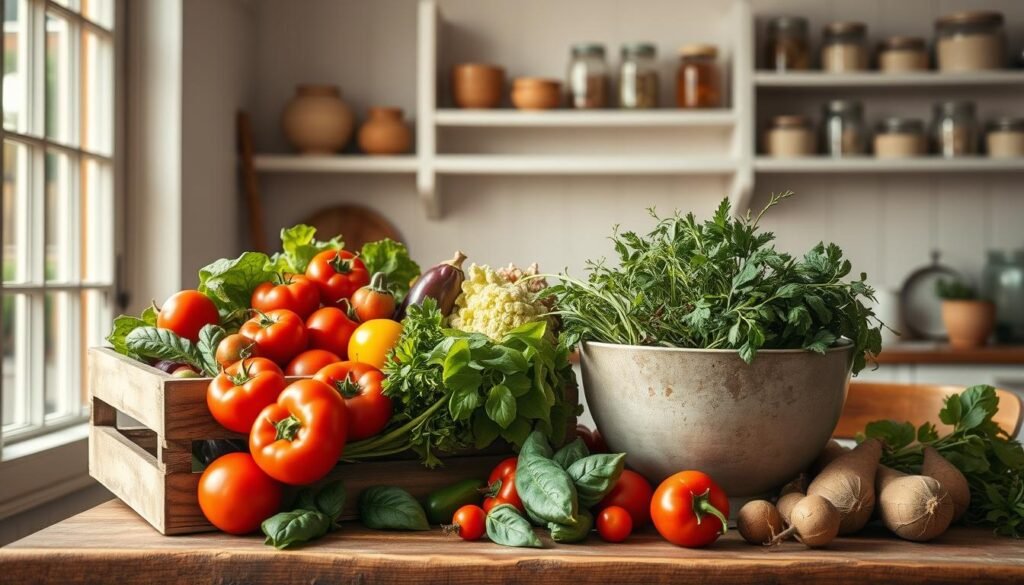 A vibrant still life of seasonal local produce, illuminated by warm natural light filtering through a large window. In the foreground, a wooden crate overflows with freshly harvested fruits and vegetables - juicy tomatoes, crisp leafy greens, colorful peppers, and earthy root vegetables. In the middle ground, a rustic wooden table supports a weathered ceramic bowl brimming with fragrant herbs. The background depicts a cozy kitchen interior, with simple white shelving displaying a collection of mason jars and earthenware. The overall mood is one of abundance, simplicity, and connection to the local land. A vibrant still life of seasonal local produce, illuminated by warm natural light filtering through a large window. In the foreground, a wooden crate overflows with freshly harvested fruits and vegetables - juicy tomatoes, crisp leafy greens, colorful peppers, and earthy root vegetables. In the middle ground, a rustic wooden table supports a weathered ceramic bowl brimming with fragrant herbs. The background depicts a cozy kitchen interior, with simple white shelving displaying a collection of mason jars and earthenware. The overall mood is one of abundance, simplicity, and connection to the local land.