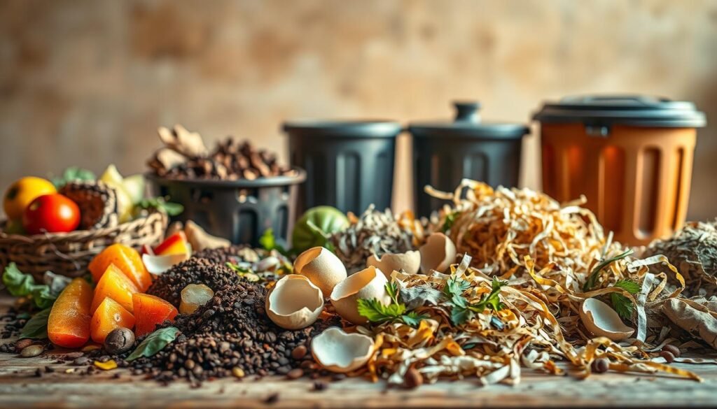 A visually striking, vibrant still life composition depicting a guide to compost materials. In the foreground, an array of organic matter - fruit and vegetable scraps, coffee grounds, eggshells, and shredded paper - arranged in a dynamic, textural display. The middle ground showcases various compost bin types, from a simple kitchen-top container to a larger outdoor tumbler. The background features a softly blurred, earthy-toned wall, creating a warm, natural ambiance. Warm, golden lighting illuminates the scene, highlighting the rich colors and nuanced details of the compost ingredients. Captured with a shallow depth of field, the image emphasizes the tactile, hands-on nature of the composting process. A visually striking, vibrant still life composition depicting a guide to compost materials. In the foreground, an array of organic matter - fruit and vegetable scraps, coffee grounds, eggshells, and shredded paper - arranged in a dynamic, textural display. The middle ground showcases various compost bin types, from a simple kitchen-top container to a larger outdoor tumbler. The background features a softly blurred, earthy-toned wall, creating a warm, natural ambiance. Warm, golden lighting illuminates the scene, highlighting the rich colors and nuanced details of the compost ingredients. Captured with a shallow depth of field, the image emphasizes the tactile, hands-on nature of the composting process.