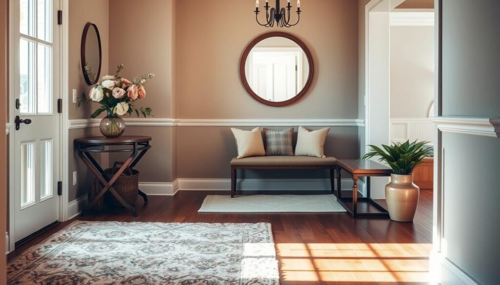 A warm, inviting entryway with a harmonious color palette. A soft, natural light fills the space, highlighting the rich textures and hues. In the foreground, a mix of earthy tones and muted pastels create a soothing palette - a plush area rug, a console table with a vase of fresh flowers, and a couple of accent pillows. The middle ground features a wooden bench with cushions in complementary shades. The background showcases a neutral-toned wall with a simple, yet elegant mirror that reflects the welcoming ambiance. The overall atmosphere is one of comfort, sophistication, and a sense of calm that invites visitors to step inside and feel at home.