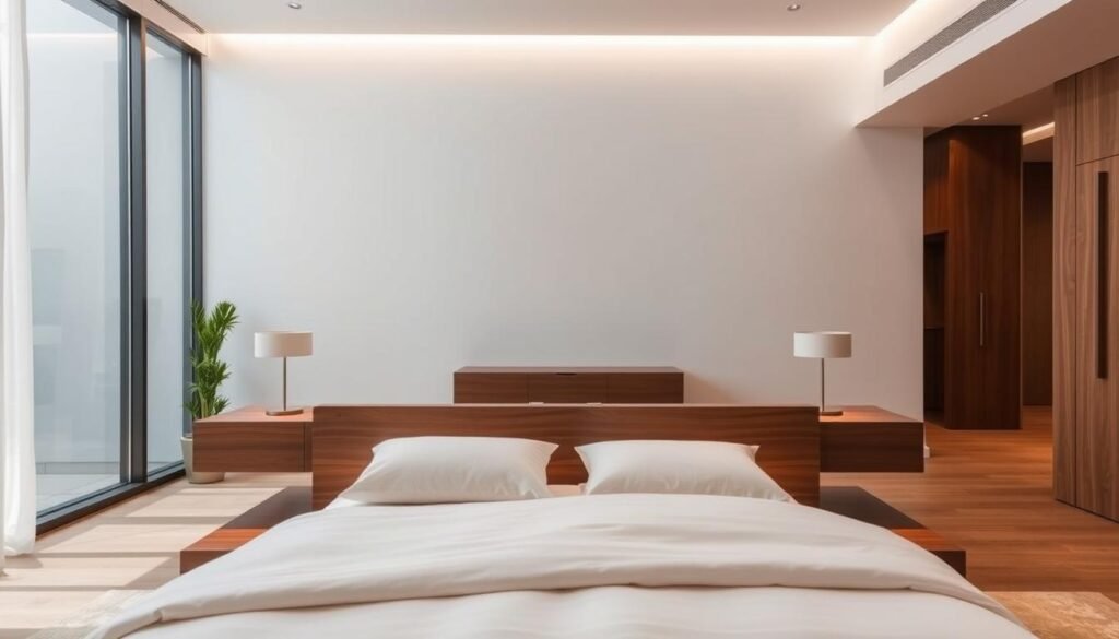 A well-designed, high-quality bedroom with minimalist, contemporary furniture. In the foreground, a king-size bed with a plush, white comforter and matching pillows, framed by a sleek, wooden headboard. In the middle ground, a pair of modern, floating nightstands with clean lines and a subtle texture, each topped with a minimalist table lamp. In the background, a large, floor-to-ceiling window floods the room with natural light, illuminating a single, elegant dresser made of rich, dark wood. The overall atmosphere is one of serenity, sophistication, and thoughtful simplicity.