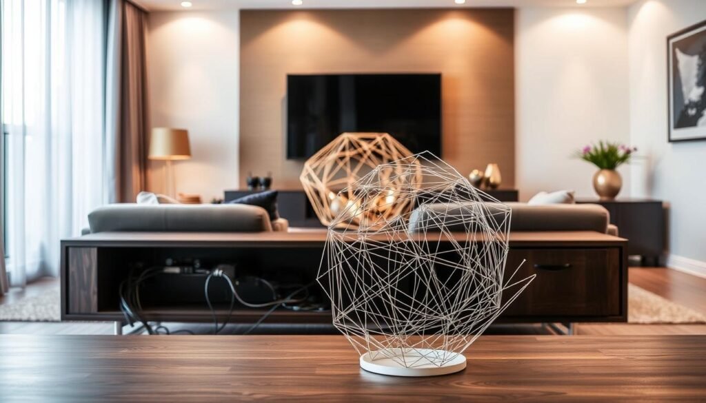 A well-designed living room with a sophisticated wire management solution. In the foreground, a sleek and minimalist media console with hidden cable routing through the back panel. In the middle ground, a striking geometric wire sculpture, its intricate pattern creating a captivating visual interest. The background features warm, diffused lighting, casting a cozy ambiance and highlighting the textural details of the room's materials. The overall scene conveys a sense of order, creativity, and a thoughtful approach to integrating technology seamlessly into the space. A well-designed living room with a sophisticated wire management solution. In the foreground, a sleek and minimalist media console with hidden cable routing through the back panel. In the middle ground, a striking geometric wire sculpture, its intricate pattern creating a captivating visual interest. The background features warm, diffused lighting, casting a cozy ambiance and highlighting the textural details of the room's materials. The overall scene conveys a sense of order, creativity, and a thoughtful approach to integrating technology seamlessly into the space.