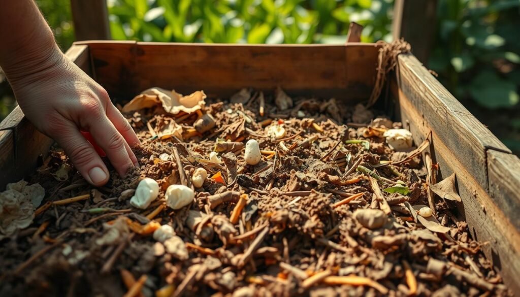 A well-lit, close-up view of a composting bin, its contents in various stages of decomposition. In the foreground, a gardener's hand gently sifts through the mixture, examining the texture and moisture levels. The middle ground features an array of common composting issues - visible clumps, dry patches, and potential pest infestations. The background depicts a lush, verdant garden, hinting at the transformative potential of successful composting. Warm, earthy tones create a sense of organic growth and problem-solving, guiding the viewer through the troubleshooting process. A well-lit, close-up view of a composting bin, its contents in various stages of decomposition. In the foreground, a gardener's hand gently sifts through the mixture, examining the texture and moisture levels. The middle ground features an array of common composting issues - visible clumps, dry patches, and potential pest infestations. The background depicts a lush, verdant garden, hinting at the transformative potential of successful composting. Warm, earthy tones create a sense of organic growth and problem-solving, guiding the viewer through the troubleshooting process.