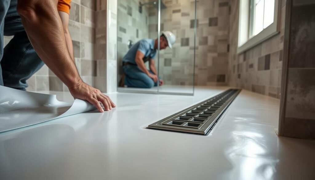 A well-lit, documentary-style image of a professional bathroom waterproofing process. In the foreground, a worker's hands apply a waterproof membrane over a shower floor, meticulously sealing all seams and joints. In the middle ground, another worker installs a linear drain, ensuring proper drainage. The background shows the bathroom's tile-covered walls, with a window providing natural illumination. The scene conveys a sense of methodical care and attention to detail, reflecting the critical importance of proper waterproofing for a walk-in shower or tub installation.