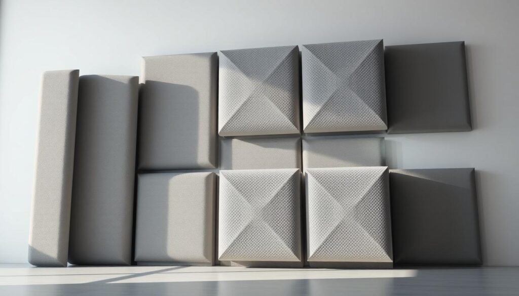 A well-lit, high-quality 3D render of several acoustic sound-absorbing panels in various shades of gray, positioned to form a modular, customizable sound-dampening system. The panels have a soft, textured surface with a subtle geometric pattern, creating an elegant, modern aesthetic. The scene is captured from a slightly low angle, showcasing the panels' depth and dimensionality. The lighting is soft and diffused, casting gentle shadows that accentuate the panels' form and materiality. The background is a clean, minimalist space, allowing the acoustic panels to be the focal point and highlighting their purpose of reducing noise and enhancing the acoustic quality of the environment. A well-lit, high-quality 3D render of several acoustic sound-absorbing panels in various shades of gray, positioned to form a modular, customizable sound-dampening system. The panels have a soft, textured surface with a subtle geometric pattern, creating an elegant, modern aesthetic. The scene is captured from a slightly low angle, showcasing the panels' depth and dimensionality. The lighting is soft and diffused, casting gentle shadows that accentuate the panels' form and materiality. The background is a clean, minimalist space, allowing the acoustic panels to be the focal point and highlighting their purpose of reducing noise and enhancing the acoustic quality of the environment.