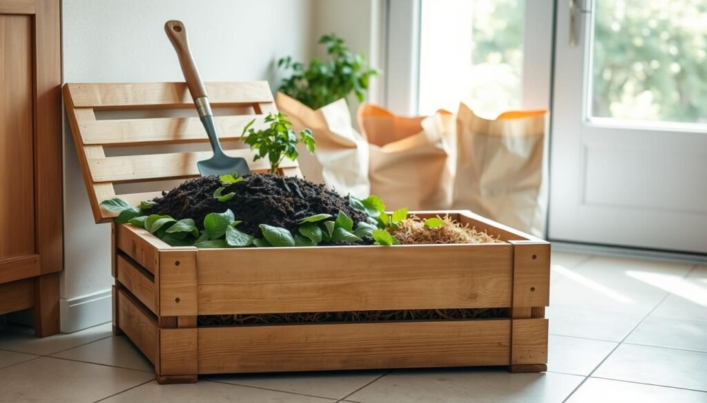 A well-lit, inviting compost bin setup in a sunny, airy kitchen corner. In the foreground, a large, rectangular wooden compost bin with slatted sides, resting on a tiled floor. The bin is filled with layers of organic matter - fresh green leaves, coffee grounds, and brown shredded paper. A small trowel protrudes from the top, hinting at recent activity. In the middle ground, a potted herb plant and a few paper bags of composting materials sit nearby, complementing the earthy tones. The background features a large window, letting in natural light and a glimpse of greenery outside, creating a serene, nature-inspired atmosphere. A well-lit, inviting compost bin setup in a sunny, airy kitchen corner. In the foreground, a large, rectangular wooden compost bin with slatted sides, resting on a tiled floor. The bin is filled with layers of organic matter - fresh green leaves, coffee grounds, and brown shredded paper. A small trowel protrudes from the top, hinting at recent activity. In the middle ground, a potted herb plant and a few paper bags of composting materials sit nearby, complementing the earthy tones. The background features a large window, letting in natural light and a glimpse of greenery outside, creating a serene, nature-inspired atmosphere.