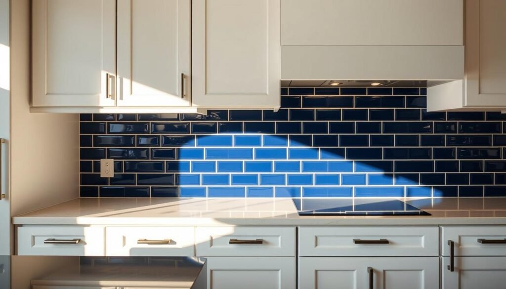 A well-lit kitchen interior featuring a striking navy blue subway tile backsplash. The tiles are arranged in a classic staggered pattern, their glossy surface reflecting the warm glow of the overhead lighting. The tiles extend from the countertop to the cabinets, creating a bold, statement-making feature wall. The backsplash is flanked by clean white cabinetry and countertops, providing a crisp contrast that makes the navy tiles pop. Soft shadows and highlights accentuate the depth and texture of the tiles, while the overall scene conveys a sense of sophistication and timeless elegance. A well-lit kitchen interior featuring a striking navy blue subway tile backsplash. The tiles are arranged in a classic staggered pattern, their glossy surface reflecting the warm glow of the overhead lighting. The tiles extend from the countertop to the cabinets, creating a bold, statement-making feature wall. The backsplash is flanked by clean white cabinetry and countertops, providing a crisp contrast that makes the navy tiles pop. Soft shadows and highlights accentuate the depth and texture of the tiles, while the overall scene conveys a sense of sophistication and timeless elegance.