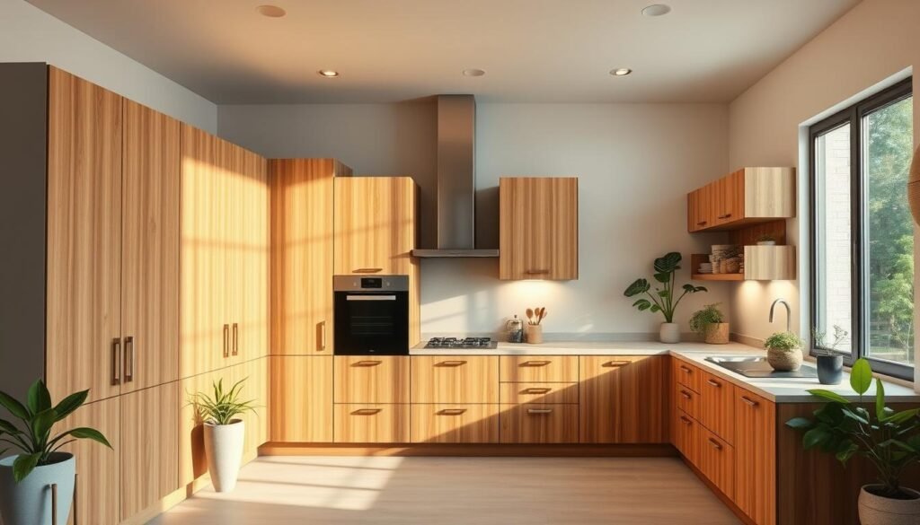 A well-lit kitchen interior, showcasing eco-friendly wood-grain cabinets in a warm, natural palette. The cabinets feature clean, minimalist lines and sustainable materials like bamboo or reclaimed wood. Soft, diffused lighting illuminates the space, creating a serene, inviting atmosphere. The countertops are made of durable, recyclable materials like stone or recycled glass. Potted plants and natural decor elements accentuate the room's organic, environmentally-conscious design. A large window provides ample natural light, complementing the kitchen's sustainable, energy-efficient features. The overall impression is one of contemporary, eco-friendly elegance. A well-lit kitchen interior, showcasing eco-friendly wood-grain cabinets in a warm, natural palette. The cabinets feature clean, minimalist lines and sustainable materials like bamboo or reclaimed wood. Soft, diffused lighting illuminates the space, creating a serene, inviting atmosphere. The countertops are made of durable, recyclable materials like stone or recycled glass. Potted plants and natural decor elements accentuate the room's organic, environmentally-conscious design. A large window provides ample natural light, complementing the kitchen's sustainable, energy-efficient features. The overall impression is one of contemporary, eco-friendly elegance.