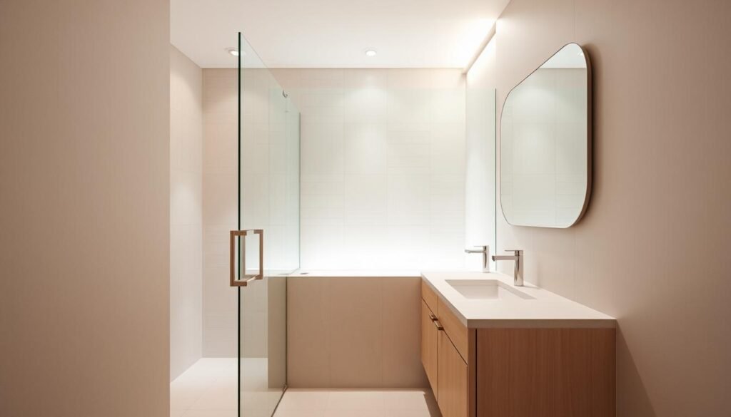A well-lit, minimalist bathroom interior with a spacious glass-enclosed shower stall. The shower features a sleek, frameless design with a seamless glass enclosure, maximizing the sense of openness. Soft, indirect lighting gently illuminates the space, creating a tranquil, spa-like atmosphere. The vanity and countertop are made of light-colored natural stone, complementing the clean, modern aesthetic. Understated wall tiles in a neutral palette add texture and depth, while a small, frameless mirror reflects the light, further enhancing the illusion of space. The overall composition conveys a sense of peaceful, uncluttered luxury within a compact footprint. A well-lit, minimalist bathroom interior with a spacious glass-enclosed shower stall. The shower features a sleek, frameless design with a seamless glass enclosure, maximizing the sense of openness. Soft, indirect lighting gently illuminates the space, creating a tranquil, spa-like atmosphere. The vanity and countertop are made of light-colored natural stone, complementing the clean, modern aesthetic. Understated wall tiles in a neutral palette add texture and depth, while a small, frameless mirror reflects the light, further enhancing the illusion of space. The overall composition conveys a sense of peaceful, uncluttered luxury within a compact footprint.