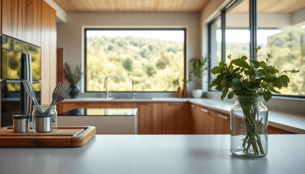 A well-lit, modern kitchen interior with a focus on sustainable materials. In the foreground, a wooden cutting board, metal utensils, and a glass jar filled with herbs. In the middle ground, sleek countertops made of recycled stone or quartz, complemented by minimalist cabinetry in natural wood tones. The background features large windows overlooking a lush, green landscape, bathing the space in warm, natural light. The overall atmosphere conveys a sense of eco-conscious design, emphasizing the use of durable, low-impact materials that are kind to the environment. A well-lit, modern kitchen interior with a focus on sustainable materials. In the foreground, a wooden cutting board, metal utensils, and a glass jar filled with herbs. In the middle ground, sleek countertops made of recycled stone or quartz, complemented by minimalist cabinetry in natural wood tones. The background features large windows overlooking a lush, green landscape, bathing the space in warm, natural light. The overall atmosphere conveys a sense of eco-conscious design, emphasizing the use of durable, low-impact materials that are kind to the environment.