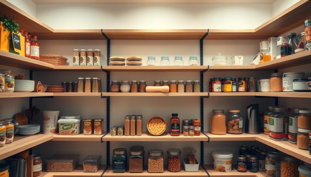 A well-lit pantry shelving layout, captured in a clean, minimalist style. The shelves are made of sleek wood, neatly arranged in a symmetrical grid pattern. Various food items and kitchen essentials are displayed, each with its own designated space, creating a sense of order and efficiency. The lighting is soft and diffused, casting a warm glow that highlights the textures and colors of the contents. The overall composition emphasizes the importance of a well-organized and visually appealing pantry, inspiring the viewer to consider their own storage solutions. A well-lit pantry shelving layout, captured in a clean, minimalist style. The shelves are made of sleek wood, neatly arranged in a symmetrical grid pattern. Various food items and kitchen essentials are displayed, each with its own designated space, creating a sense of order and efficiency. The lighting is soft and diffused, casting a warm glow that highlights the textures and colors of the contents. The overall composition emphasizes the importance of a well-organized and visually appealing pantry, inspiring the viewer to consider their own storage solutions.