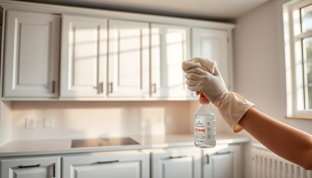 A well-lit, spacious kitchen with gleaming, spotless white cabinet surfaces. A diligent person, wearing rubber gloves, is carefully scrubbing and degreasing the cabinet doors and drawers with a specialized cleaning solution, using a soft cloth. The lighting casts a warm, natural glow, accentuating the smooth, reflective surfaces. The cabinets appear meticulously prepared, ready for a fresh coat of paint to achieve a flawless, professional finish. A well-lit, spacious kitchen with gleaming, spotless white cabinet surfaces. A diligent person, wearing rubber gloves, is carefully scrubbing and degreasing the cabinet doors and drawers with a specialized cleaning solution, using a soft cloth. The lighting casts a warm, natural glow, accentuating the smooth, reflective surfaces. The cabinets appear meticulously prepared, ready for a fresh coat of paint to achieve a flawless, professional finish.