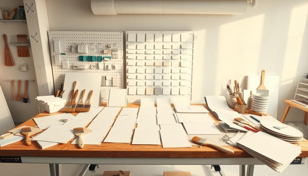 A well-lit studio setting with a professional-grade workbench showcasing an array of pristine white paint samples. Various brushes, swatch cards, and color reference materials are neatly arranged, creating a meticulous, organized atmosphere. The lighting is warm and diffused, casting soft shadows that accentuate the subtle variations in the paint hues. The background is a clean, minimalist space, allowing the focus to remain on the paint testing process. The overall composition conveys a sense of thoughtful curation, reflecting the expertise and attention to detail of a seasoned interior designer. A well-lit studio setting with a professional-grade workbench showcasing an array of pristine white paint samples. Various brushes, swatch cards, and color reference materials are neatly arranged, creating a meticulous, organized atmosphere. The lighting is warm and diffused, casting soft shadows that accentuate the subtle variations in the paint hues. The background is a clean, minimalist space, allowing the focus to remain on the paint testing process. The overall composition conveys a sense of thoughtful curation, reflecting the expertise and attention to detail of a seasoned interior designer.