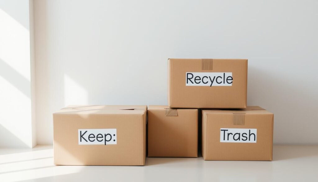 A well-organized decluttering setup with four labeled cardboard boxes arranged on a clean, neutral-toned surface. Soft, natural lighting illuminates the scene, casting gentle shadows and highlighting the simple, minimalist design. The boxes are positioned in a purposeful arrangement, each labeled with concise text - "Keep", "Donate", "Recycle", and "Trash" - guiding the decluttering process. The overall atmosphere is calm, focused, and conducive to productive organization. A well-organized decluttering setup with four labeled cardboard boxes arranged on a clean, neutral-toned surface. Soft, natural lighting illuminates the scene, casting gentle shadows and highlighting the simple, minimalist design. The boxes are positioned in a purposeful arrangement, each labeled with concise text - "Keep", "Donate", "Recycle", and "Trash" - guiding the decluttering process. The overall atmosphere is calm, focused, and conducive to productive organization.