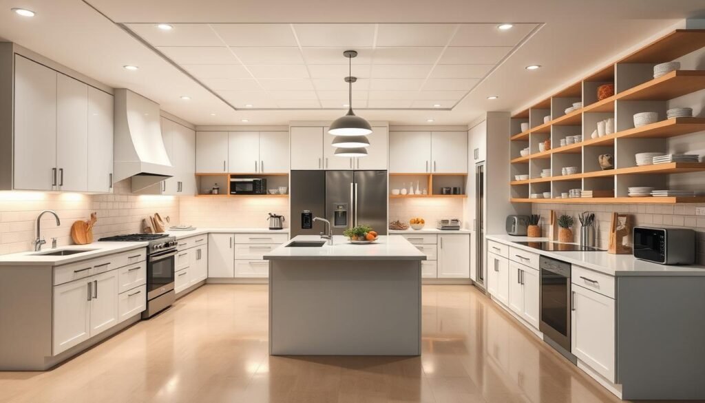 A well-organized kitchen with clearly defined zones for preparation, cooking, and cleaning. The layout features a central island with ample counter space, flanked by modern appliances and open shelving for easy access to essentials. The lighting is a combination of recessed ceiling fixtures and pendant lamps over the island, creating a warm, functional ambiance. The floors are a neutral tone, complementing the white cabinets and backsplash tiles. The overall design emphasizes efficiency, flow, and a minimalist aesthetic, encouraging productive and enjoyable culinary experiences.