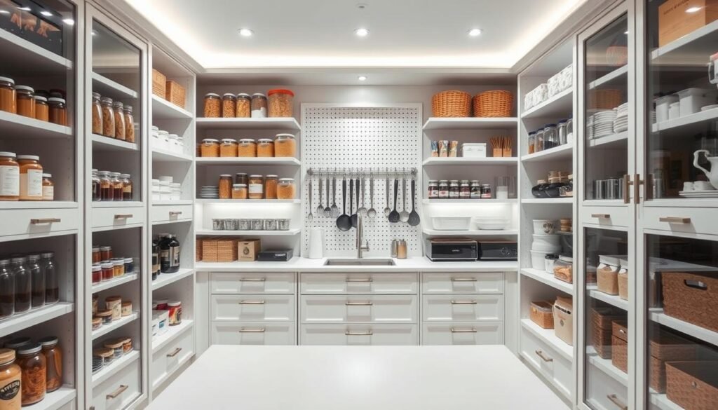 A well-organized pantry with distinct zones for storage, prep, and display. Soft, directional lighting illuminates neatly arranged shelves featuring a variety of labeled jars, containers, and baskets. In the middle ground, a central worktop provides a clear workspace, flanked by pull-out drawers and a pegboard for hanging utensils. The background showcases a neutral, minimalist color palette, allowing the functional elements to take center stage. The overall atmosphere is one of calm efficiency, encouraging a streamlined cooking experience. A well-organized pantry with distinct zones for storage, prep, and display. Soft, directional lighting illuminates neatly arranged shelves featuring a variety of labeled jars, containers, and baskets. In the middle ground, a central worktop provides a clear workspace, flanked by pull-out drawers and a pegboard for hanging utensils. The background showcases a neutral, minimalist color palette, allowing the functional elements to take center stage. The overall atmosphere is one of calm efficiency, encouraging a streamlined cooking experience.