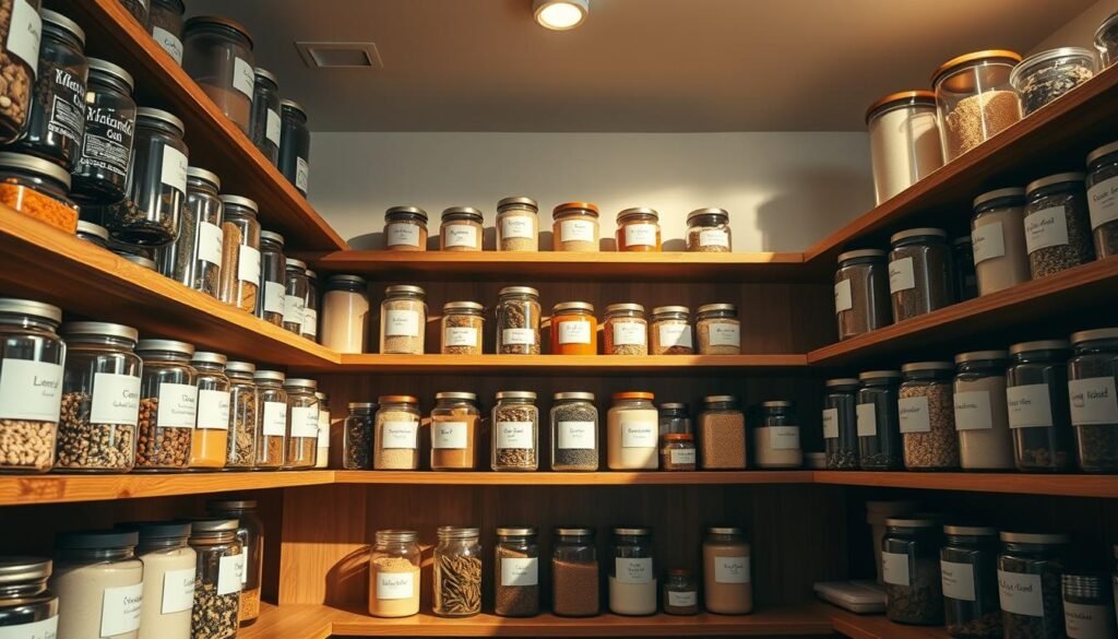 A well-organized pantry with neatly labeled glass jars and canisters filled with various dry goods, herbs, and spices. The jars are arranged in tidy rows on sturdy wooden shelves, casting long shadows that create a sense of depth and texture. Soft, warm lighting from overhead fixtures illuminates the scene, highlighting the clean, minimalist design. The labels on the jars are clear and legible, using a simple, sans-serif font that complements the modern aesthetic. The overall atmosphere is one of order, efficiency, and visual harmony, perfectly capturing the essence of an effective pantry labeling system. A well-organized pantry with neatly labeled glass jars and canisters filled with various dry goods, herbs, and spices. The jars are arranged in tidy rows on sturdy wooden shelves, casting long shadows that create a sense of depth and texture. Soft, warm lighting from overhead fixtures illuminates the scene, highlighting the clean, minimalist design. The labels on the jars are clear and legible, using a simple, sans-serif font that complements the modern aesthetic. The overall atmosphere is one of order, efficiency, and visual harmony, perfectly capturing the essence of an effective pantry labeling system.