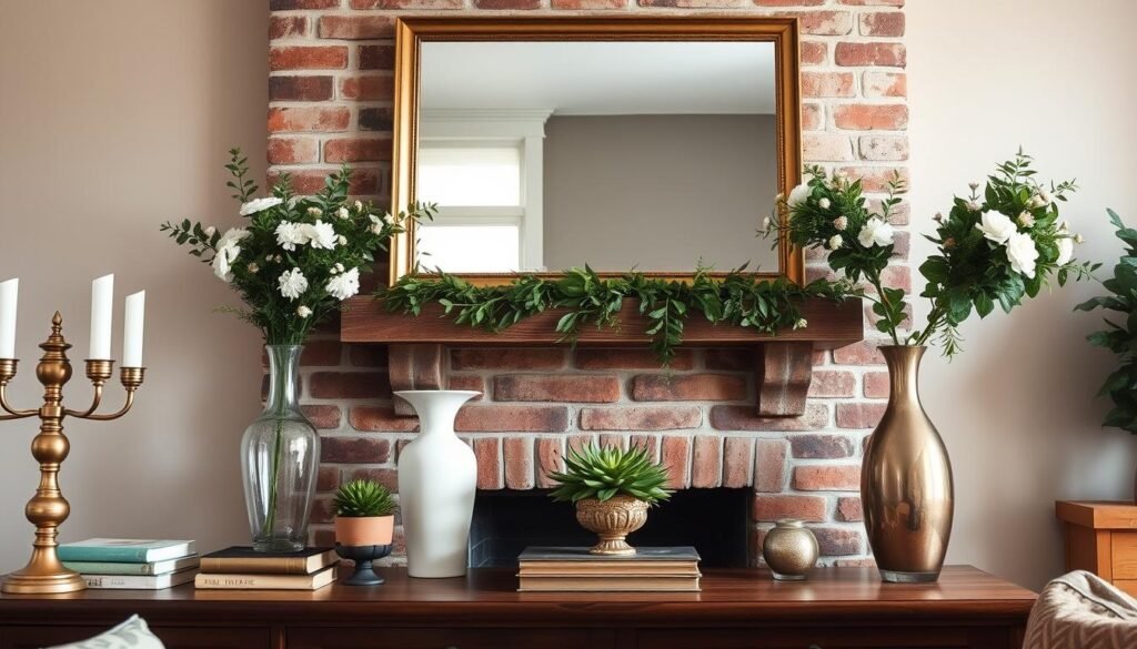 A well-styled mantel, the centerpiece of a cozy living room. In the foreground, a variety of decorative objects - a brass candelabra, a stack of vintage books, a potted succulent. In the middle ground, a large mirror reflects the room's natural light, casting a warm glow. Flanking the mirror, two elegant vases hold lush floral arrangements. In the background, a brick fireplace with a simple, rustic mantel, adorned with a garland of fresh greenery. The overall scene exudes a sense of effortless sophistication, with soft, even lighting illuminating the space. A wide-angle lens captures the entire mantel and its surrounding decor, creating a harmonious, visually-balanced composition. A well-styled mantel, the centerpiece of a cozy living room. In the foreground, a variety of decorative objects - a brass candelabra, a stack of vintage books, a potted succulent. In the middle ground, a large mirror reflects the room's natural light, casting a warm glow. Flanking the mirror, two elegant vases hold lush floral arrangements. In the background, a brick fireplace with a simple, rustic mantel, adorned with a garland of fresh greenery. The overall scene exudes a sense of effortless sophistication, with soft, even lighting illuminating the space. A wide-angle lens captures the entire mantel and its surrounding decor, creating a harmonious, visually-balanced composition.