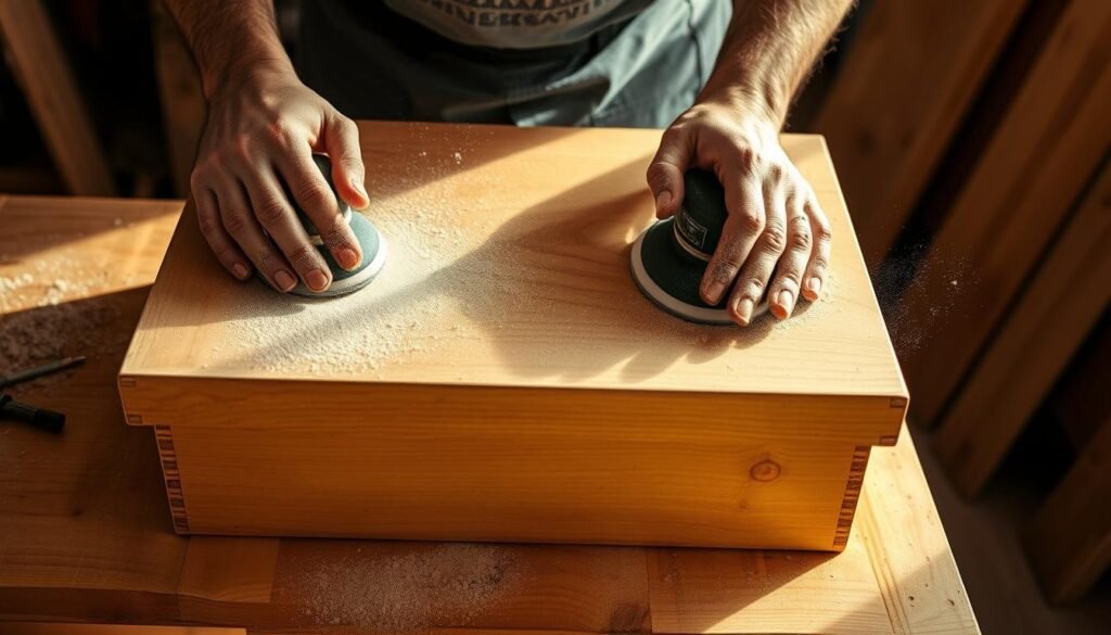 A wooden cabinet with visible scratches and gouges on its surface is being carefully sanded by a skilled worker's hands. The cabinet is placed on a sturdy workbench, illuminated by a bright task light casting warm shadows across the scene. Fine wood dust fills the air, creating a sense of focus and concentration. The worker's movements are deliberate and precise, steadily smoothing the surface in preparation for a pristine paint finish. The overall mood is one of focused, methodical restoration, capturing the importance of proper surface preparation for a flawless, professional result. A wooden cabinet with visible scratches and gouges on its surface is being carefully sanded by a skilled worker's hands. The cabinet is placed on a sturdy workbench, illuminated by a bright task light casting warm shadows across the scene. Fine wood dust fills the air, creating a sense of focus and concentration. The worker's movements are deliberate and precise, steadily smoothing the surface in preparation for a pristine paint finish. The overall mood is one of focused, methodical restoration, capturing the importance of proper surface preparation for a flawless, professional result.