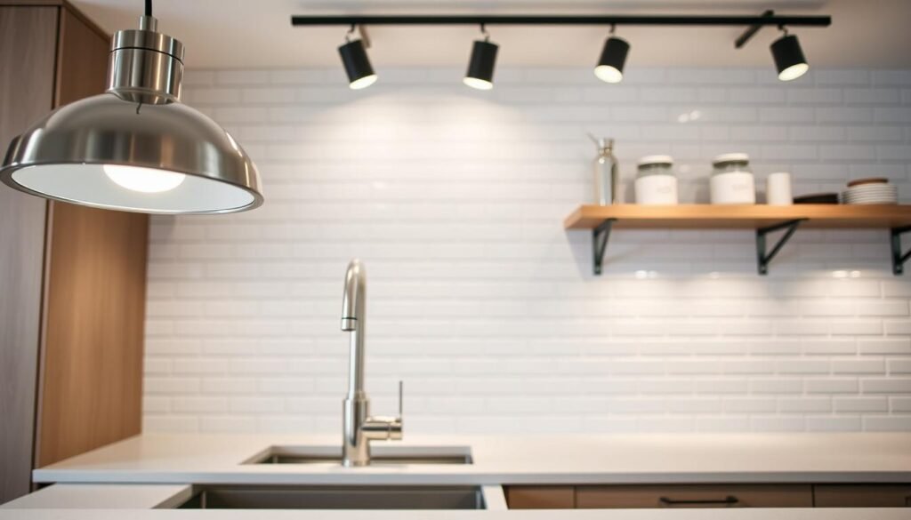 Adjustable kitchen fixtures, a study in functionality and style. In the foreground, a sleek pendant light with a polished chrome finish, its position adjustable to perfectly illuminate the quartz countertop below. Alongside, a brushed nickel faucet with a flexible gooseneck design, allowing for effortless task-oriented movements. In the middle ground, a pair of track lights, their angles precisely calibrated to cast a warm, even glow across the subway tile backsplash. The background features minimalist open shelving, showcasing a curated collection of ceramic mugs and glass jars, creating an atmosphere of inviting practicality. Captured through a wide-angle lens, this image radiates a sense of harmonious balance between form and function, a seamless integration of adjustable kitchen fixtures that elevate the everyday. Adjustable kitchen fixtures, a study in functionality and style. In the foreground, a sleek pendant light with a polished chrome finish, its position adjustable to perfectly illuminate the quartz countertop below. Alongside, a brushed nickel faucet with a flexible gooseneck design, allowing for effortless task-oriented movements. In the middle ground, a pair of track lights, their angles precisely calibrated to cast a warm, even glow across the subway tile backsplash. The background features minimalist open shelving, showcasing a curated collection of ceramic mugs and glass jars, creating an atmosphere of inviting practicality. Captured through a wide-angle lens, this image radiates a sense of harmonious balance between form and function, a seamless integration of adjustable kitchen fixtures that elevate the everyday.