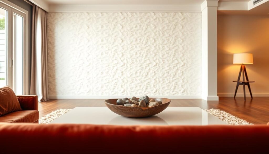 An elegantly appointed living room, illuminated by warm, soft lighting. In the foreground, a plush velvet sofa in a rich, jewel-toned hue contrasts with the smooth, polished surface of a sleek, minimalist coffee table. On the table, a natural wood bowl filled with smooth river stones, its organic texture juxtaposed against the clean, modern lines of the furniture. In the middle ground, a large, shaggy area rug in a neutral tone anchors the space, its thick, plush fibers creating a tactile contrast to the hardwood floors. In the background, a textured, whitewashed accent wall adds depth and visual interest, while a pair of mid-century modern lamps with crisp, angular silhouettes provide a final touch of refined, sophisticated style.