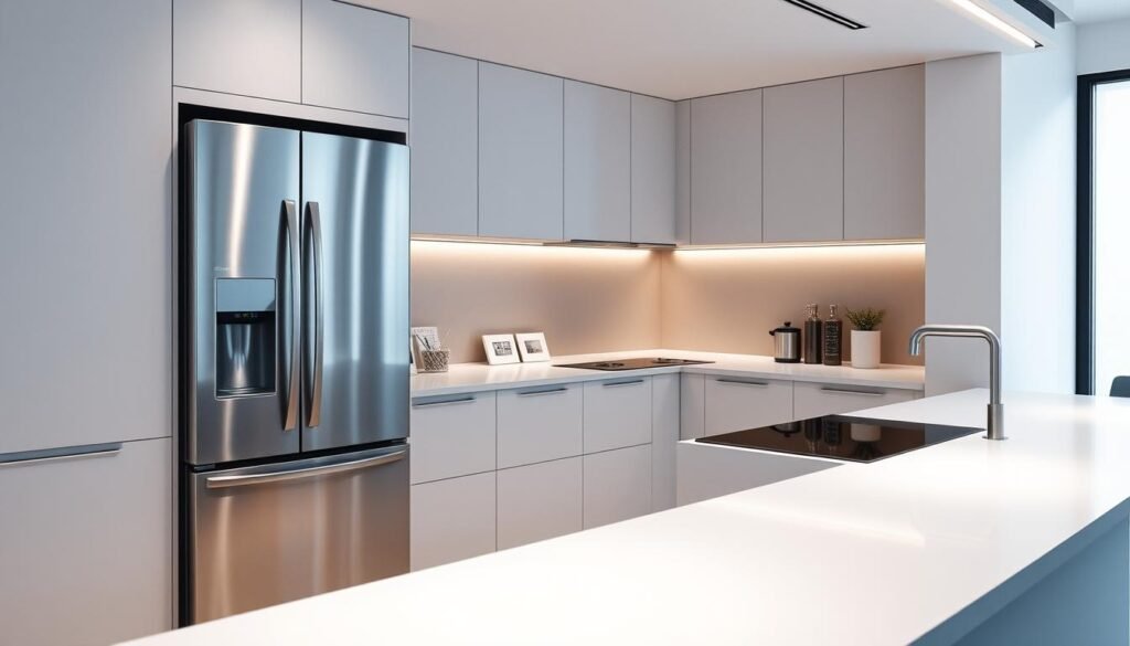 An integrated, futuristic kitchen with seamlessly hidden appliances in a clean, minimalist design. A sleek, silver refrigerator and dishwasher are subtly integrated into the cabinetry, their edges blending effortlessly. The stovetop and oven are recessed into the countertop, creating a seamless, uninterrupted surface. Soft, indirect lighting illuminates the space, casting a warm, inviting glow. The overall aesthetic is one of simplicity and sophistication, with a focus on form and function. The kitchen exudes a sense of modern elegance, perfectly suited for the discerning homeowner of 2025. An integrated, futuristic kitchen with seamlessly hidden appliances in a clean, minimalist design. A sleek, silver refrigerator and dishwasher are subtly integrated into the cabinetry, their edges blending effortlessly. The stovetop and oven are recessed into the countertop, creating a seamless, uninterrupted surface. Soft, indirect lighting illuminates the space, casting a warm, inviting glow. The overall aesthetic is one of simplicity and sophistication, with a focus on form and function. The kitchen exudes a sense of modern elegance, perfectly suited for the discerning homeowner of 2025.