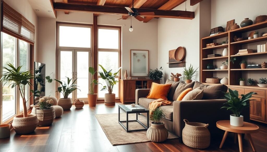 An inviting, cozy interior with a soothing, earthy color palette. A warm, well-lit living room showcases a plush, chocolate brown sofa, complemented by textured throw pillows in shades of ochre and terracotta. Wooden floors and shelving units in rich, rustic tones create a grounded, natural ambiance. Potted plants and natural fiber accents add organic touches, while soft, diffused lighting casts a tranquil glow throughout the space. Oversized windows allow ample natural light to filter in, illuminating the harmonious blend of brown hues and earthy tones that create a serene, welcoming atmosphere. An inviting, cozy interior with a soothing, earthy color palette. A warm, well-lit living room showcases a plush, chocolate brown sofa, complemented by textured throw pillows in shades of ochre and terracotta. Wooden floors and shelving units in rich, rustic tones create a grounded, natural ambiance. Potted plants and natural fiber accents add organic touches, while soft, diffused lighting casts a tranquil glow throughout the space. Oversized windows allow ample natural light to filter in, illuminating the harmonious blend of brown hues and earthy tones that create a serene, welcoming atmosphere.