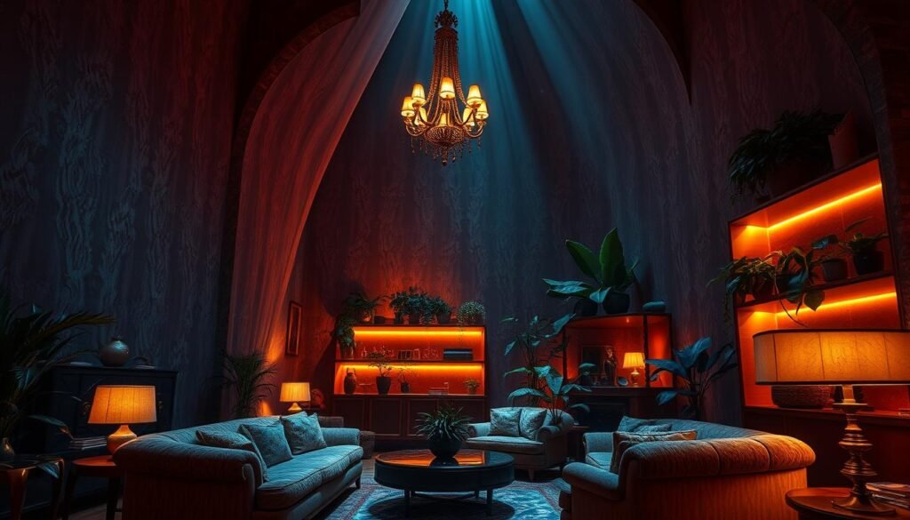 An opulent, high-ceilinged interior bathed in a soft, diffused light. The walls are covered in rich, textured fabrics in jewel-toned hues, creating an immersive and cocoon-like atmosphere. Luxurious upholstered furniture pieces, their plush surfaces reflecting the ambient glow, are strategically placed to encourage intimate conversation. Ornate light fixtures dangle overhead, casting warm, dramatic shadows. Lush potted plants spill over shelves and tables, blurring the boundaries between the man-made and the natural. The overall effect is one of sublime comfort and indulgence, a space that envelops and transports the viewer. An opulent, high-ceilinged interior bathed in a soft, diffused light. The walls are covered in rich, textured fabrics in jewel-toned hues, creating an immersive and cocoon-like atmosphere. Luxurious upholstered furniture pieces, their plush surfaces reflecting the ambient glow, are strategically placed to encourage intimate conversation. Ornate light fixtures dangle overhead, casting warm, dramatic shadows. Lush potted plants spill over shelves and tables, blurring the boundaries between the man-made and the natural. The overall effect is one of sublime comfort and indulgence, a space that envelops and transports the viewer.