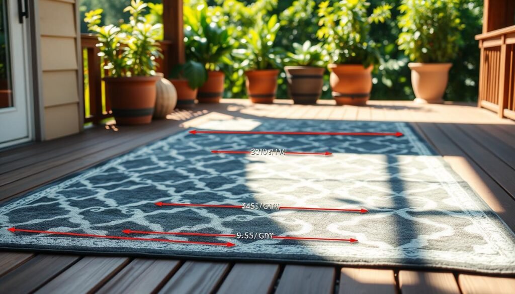 An outdoor rug sizing guide displayed on a wooden deck, with natural sunlight streaming in. The rug is positioned prominently, showcasing various measurements and dimensions to guide the viewer's understanding of proper outdoor rug sizing. The background features lush greenery, possibly potted plants or a well-manicured garden, creating a serene and inviting atmosphere. The image is captured with a wide-angle lens, emphasizing the rug's scale and the surrounding outdoor space. The lighting is soft and warm, casting gentle shadows to accentuate the rug's texture and patterns. The overall mood is informative yet visually appealing, inspiring the viewer to consider the right size rug for their outdoor living area. An outdoor rug sizing guide displayed on a wooden deck, with natural sunlight streaming in. The rug is positioned prominently, showcasing various measurements and dimensions to guide the viewer's understanding of proper outdoor rug sizing. The background features lush greenery, possibly potted plants or a well-manicured garden, creating a serene and inviting atmosphere. The image is captured with a wide-angle lens, emphasizing the rug's scale and the surrounding outdoor space. The lighting is soft and warm, casting gentle shadows to accentuate the rug's texture and patterns. The overall mood is informative yet visually appealing, inspiring the viewer to consider the right size rug for their outdoor living area.