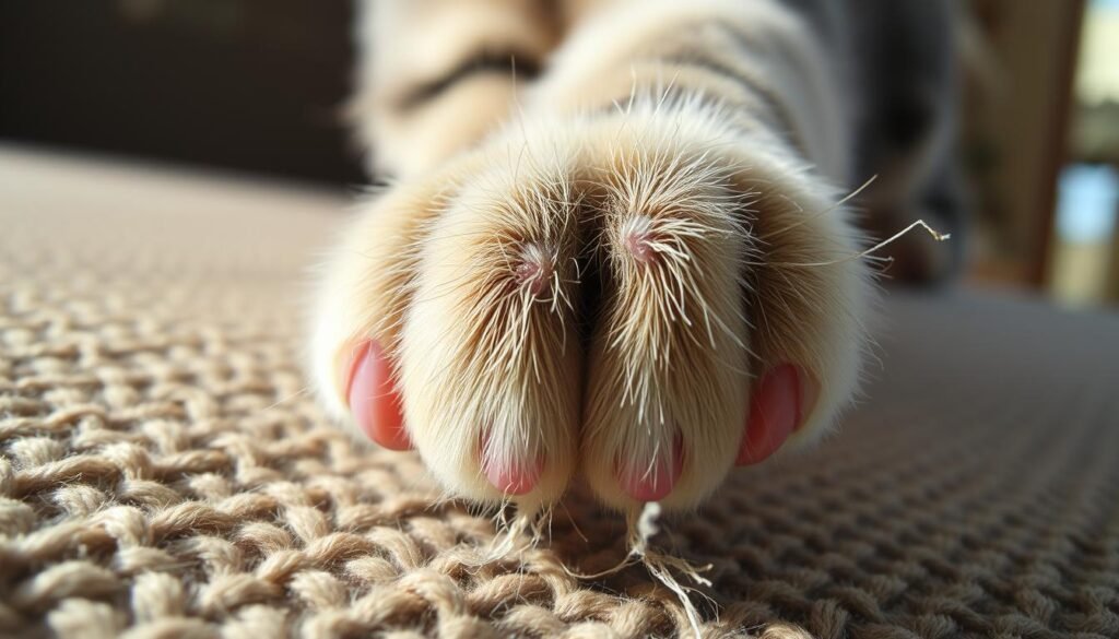 Close-up view of a cat's paw in motion, revealing sharp, curved claws extending out from the soft pink pads. The claws are shown in a scratching motion against a textured, upholstered surface, with fibers and threads being pulled and torn. Bright, natural lighting illuminates the scene, capturing the intricate details of the cat's anatomy and the dynamic action. The composition focuses on the paw, with a shallow depth of field blurring the background to emphasize the scratching motion. The overall mood conveys the instinctual, predatory nature of this feline behavior.