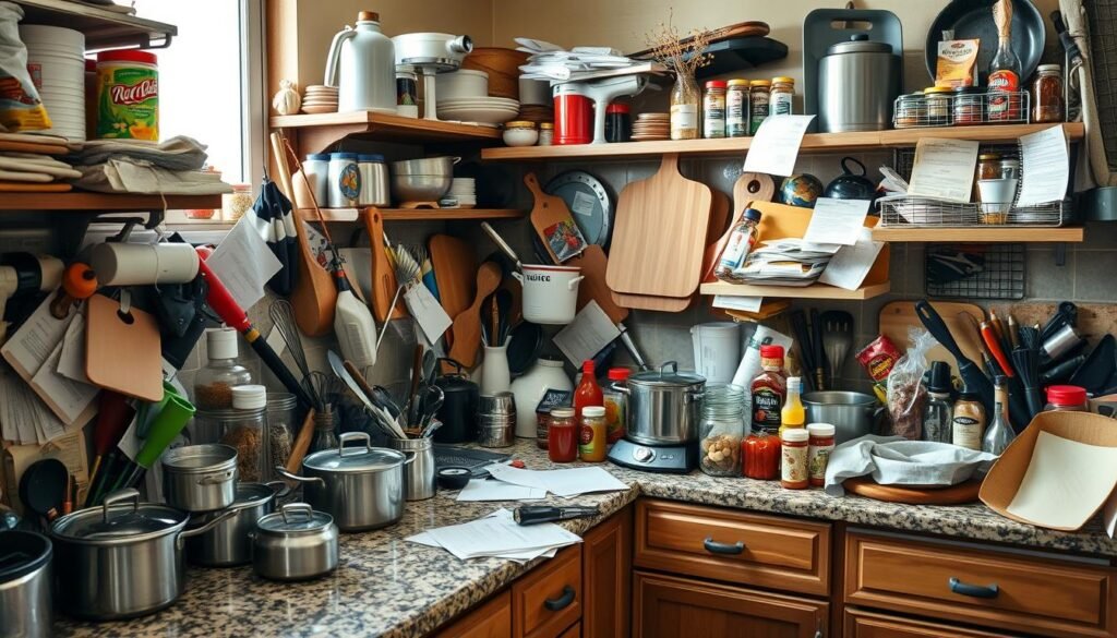Cluttered kitchen counters, overflowing with an assortment of appliances, utensils, and various food items. Pots, pans, and cutting boards jostle for space amidst a jumble of spices, jars, and paper-clipped recipes. Warm, natural lighting filters through the windows, casting a soft glow over the disorderly scene. The countertops are a mix of polished granite and worn wooden surfaces, hinting at the daily hustle and bustle of meal preparation. An underlying sense of chaos and lack of organization permeates the frame, emphasizing the need for a more streamlined and efficient kitchen layout.