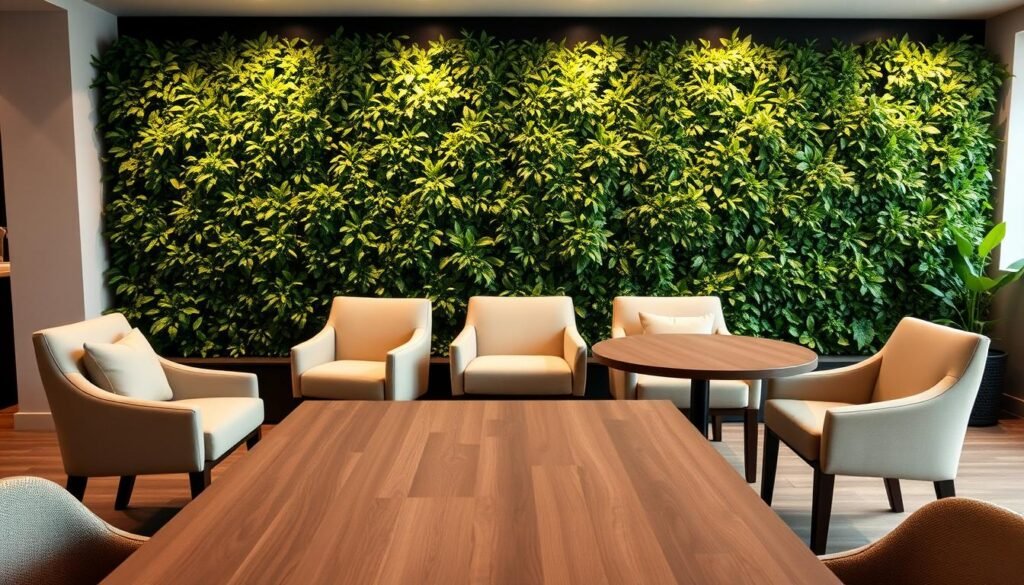 Elegant dining setup with a flexible dual table arrangement. In the foreground, a sleek, modern wooden dining table with clean lines and a minimalist aesthetic. Beside it, a smaller, circular table for additional seating or serving. The middle ground features plush, upholstered chairs in a neutral palette, inviting guests to dine in comfort. The background showcases a lush, verdant indoor plant wall, casting a warm, natural glow. Soft, diffused lighting from overhead fixtures illuminates the scene, creating a serene and inviting atmosphere. The overall composition conveys a sense of versatility and adaptability, perfect for hosting intimate gatherings or larger celebrations.