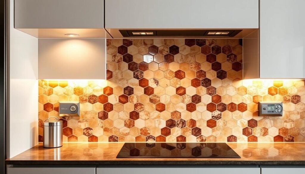 High-gloss zellige tiles in a well-lit kitchen backsplash, reflecting a warm, inviting atmosphere. The tiles are arranged in an eye-catching, geometric pattern, with subtle variations in color and texture that create depth and visual interest. Soft, directional lighting casts gentle shadows, accentuating the tiles' glossy, tactile surface. The backsplash is the focal point, drawing the eye with its mesmerizing, jewel-like appearance. The overall mood is one of luxurious sophistication, perfectly complementing the kitchen's modern, minimalist design. High-gloss zellige tiles in a well-lit kitchen backsplash, reflecting a warm, inviting atmosphere. The tiles are arranged in an eye-catching, geometric pattern, with subtle variations in color and texture that create depth and visual interest. Soft, directional lighting casts gentle shadows, accentuating the tiles' glossy, tactile surface. The backsplash is the focal point, drawing the eye with its mesmerizing, jewel-like appearance. The overall mood is one of luxurious sophistication, perfectly complementing the kitchen's modern, minimalist design.