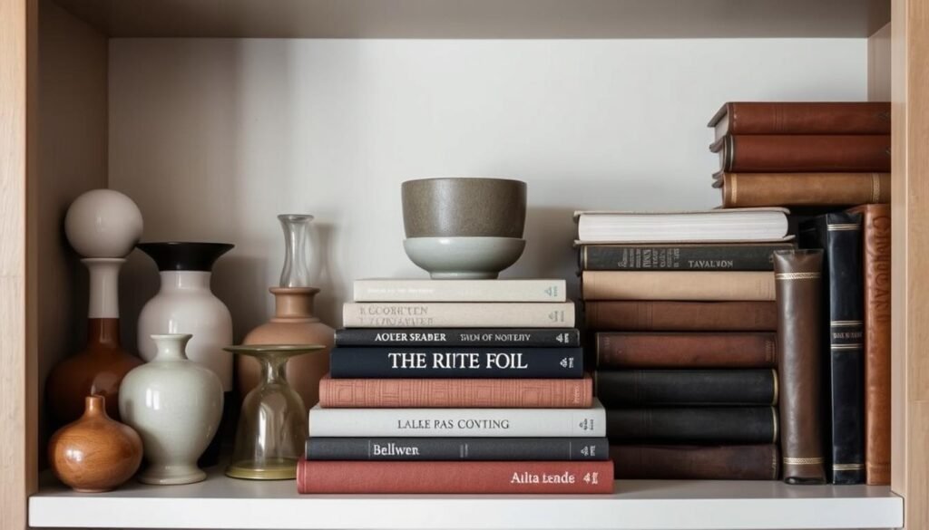 Layered bookshelf with decorative objects Layered bookshelf with decorative objects