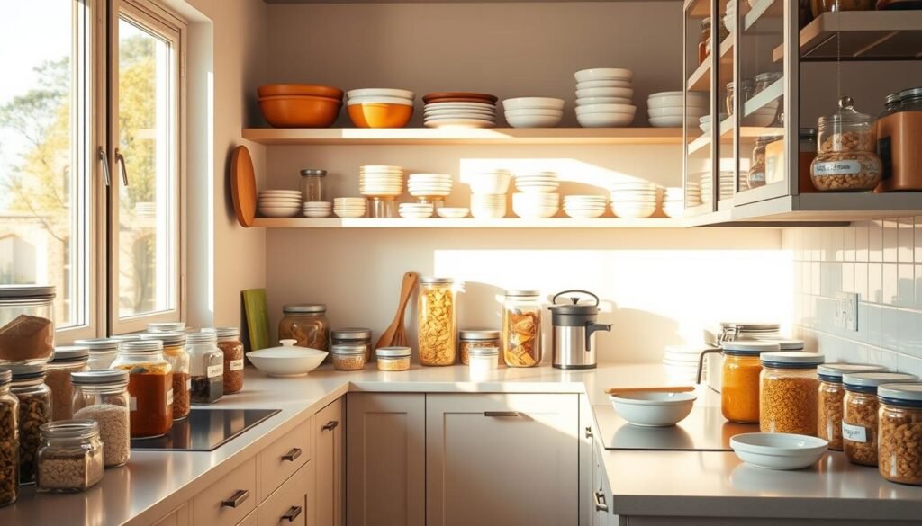 Neatly arranged glass jars, ceramic bowls, and labeled plastic containers fill a bright, airy kitchen. Warm natural light streams in through large windows, casting a soft glow on the meticulously organized shelves and countertops. Each container is clearly labeled with its contents, enabling efficient meal preparation and cooking flow. The scene conveys a sense of order, mindfulness, and culinary readiness, perfectly capturing the essence of the "Step 4: Label and Contain for Clarity" section.