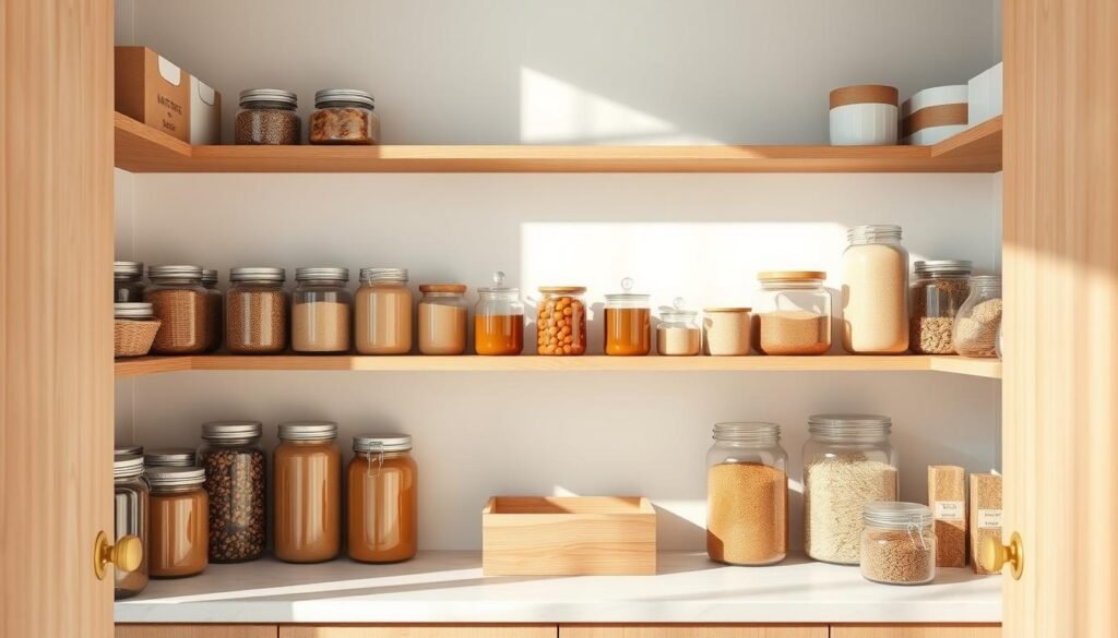 Neatly arranged pantry items in a well-lit, minimalist setting. Rows of glass jars, canisters, and boxes in earthy tones against a clean white backdrop. Soft, natural lighting casts gentle shadows, emphasizing the clean lines and symmetry. A sense of order and tranquility, inviting the viewer to envision a decluttered, organized pantry. Wooden shelves or cabinets provide a warm, rustic contrast. The composition is balanced, with items of varying heights and shapes strategically placed to create visual interest. An image that captures the essence of starting with a clean slate to streamline and style a pantry for maximum efficiency. Neatly arranged pantry items in a well-lit, minimalist setting. Rows of glass jars, canisters, and boxes in earthy tones against a clean white backdrop. Soft, natural lighting casts gentle shadows, emphasizing the clean lines and symmetry. A sense of order and tranquility, inviting the viewer to envision a decluttered, organized pantry. Wooden shelves or cabinets provide a warm, rustic contrast. The composition is balanced, with items of varying heights and shapes strategically placed to create visual interest. An image that captures the essence of starting with a clean slate to streamline and style a pantry for maximum efficiency.