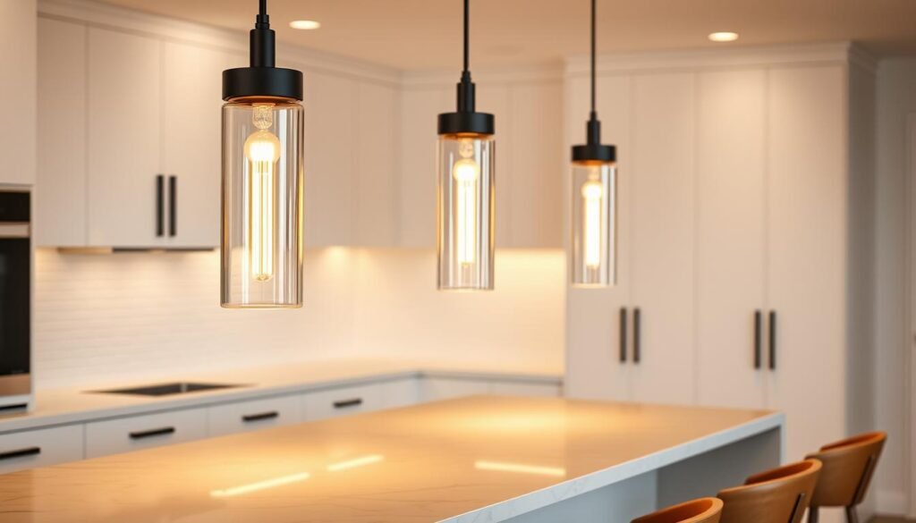 Pendant lights casting a warm, inviting glow over a sleek, modern kitchen island. Cylindrical glass shades in a row, suspended from matte black fixtures. The island's smooth, marble-like surface reflects the light, creating a cozy, ambient atmosphere. In the background, minimalist white cabinets and a tiled backsplash provide a clean, minimalist backdrop. Warm wood accents on the island's stools complement the lighting's tones. The scene exudes a sense of elegant simplicity, perfect for a stylish, welcoming kitchen space. Pendant lights casting a warm, inviting glow over a sleek, modern kitchen island. Cylindrical glass shades in a row, suspended from matte black fixtures. The island's smooth, marble-like surface reflects the light, creating a cozy, ambient atmosphere. In the background, minimalist white cabinets and a tiled backsplash provide a clean, minimalist backdrop. Warm wood accents on the island's stools complement the lighting's tones. The scene exudes a sense of elegant simplicity, perfect for a stylish, welcoming kitchen space.