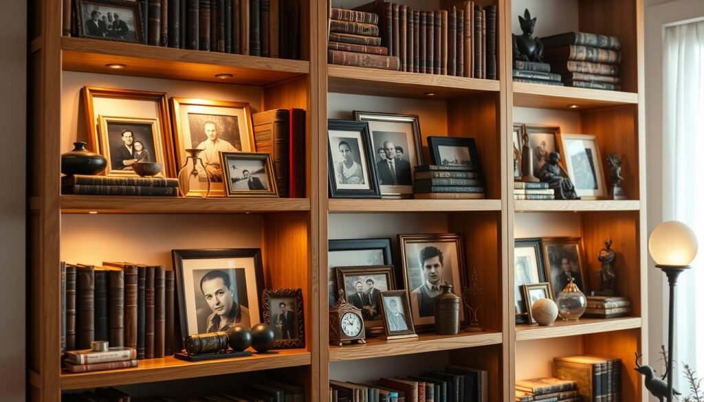 Personal memorabilia displayed on bookshelves Personal memorabilia displayed on bookshelves