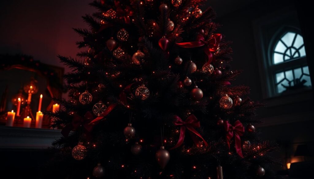 Prompt A moody, burgundy-hued holiday tree stands tall in a cozy, dimly-lit room. The tree's ornaments glimmer softly, casting a warm, atmospheric glow. Flickering candles on the mantel and a crackling fireplace create a serene, intimate ambiance. The tree's lush, full branches are adorned with burgundy and metallic accents, evoking a sense of elegance and sophistication. The camera captures the scene from a low angle, emphasizing the tree's impressive scale and creating a dramatic, cinematic perspective. Soft, diffused lighting highlights the tree's rich, burgundy hues and casts gentle shadows, imbuing the scene with a palpable sense of holiday magic. Prompt A moody, burgundy-hued holiday tree stands tall in a cozy, dimly-lit room. The tree's ornaments glimmer softly, casting a warm, atmospheric glow. Flickering candles on the mantel and a crackling fireplace create a serene, intimate ambiance. The tree's lush, full branches are adorned with burgundy and metallic accents, evoking a sense of elegance and sophistication. The camera captures the scene from a low angle, emphasizing the tree's impressive scale and creating a dramatic, cinematic perspective. Soft, diffused lighting highlights the tree's rich, burgundy hues and casts gentle shadows, imbuing the scene with a palpable sense of holiday magic.