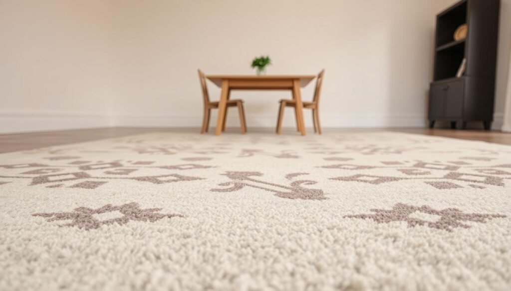 Prompt A neutral-toned, high-quality area rug with a bold, geometric pattern occupies the foreground. The rug's texture is plush and inviting, with a slight sheen that catches the light. The patterns are dynamic and eye-catching, drawing the viewer's attention. In the middle ground, a simple, minimalist dining table and chairs create a clean, uncluttered backdrop, allowing the rug to take center stage. The lighting is soft and natural, with warm tones that enhance the rug's colors and create a cozy, welcoming atmosphere. The scene is captured from a slightly elevated angle, giving a sense of depth and emphasizing the rug's central role in the space.