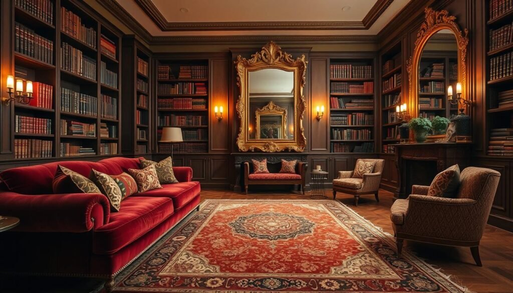 Prompt A spacious, maximalist living room with rich, warm tones. The foreground features an overstuffed, jewel-toned velvet sofa adorned with an array of patterned throw pillows. In the middle ground, a large, ornate area rug in earthy hues anchors the space. The background showcases floor-to-ceiling bookshelves filled with leather-bound volumes, alongside a grand, gilded mirror that reflects the room's cozy ambiance. Indirect lighting from hidden sconces casts a soft, golden glow, creating an inviting and luxurious atmosphere. Prompt A spacious, maximalist living room with rich, warm tones. The foreground features an overstuffed, jewel-toned velvet sofa adorned with an array of patterned throw pillows. In the middle ground, a large, ornate area rug in earthy hues anchors the space. The background showcases floor-to-ceiling bookshelves filled with leather-bound volumes, alongside a grand, gilded mirror that reflects the room's cozy ambiance. Indirect lighting from hidden sconces casts a soft, golden glow, creating an inviting and luxurious atmosphere.