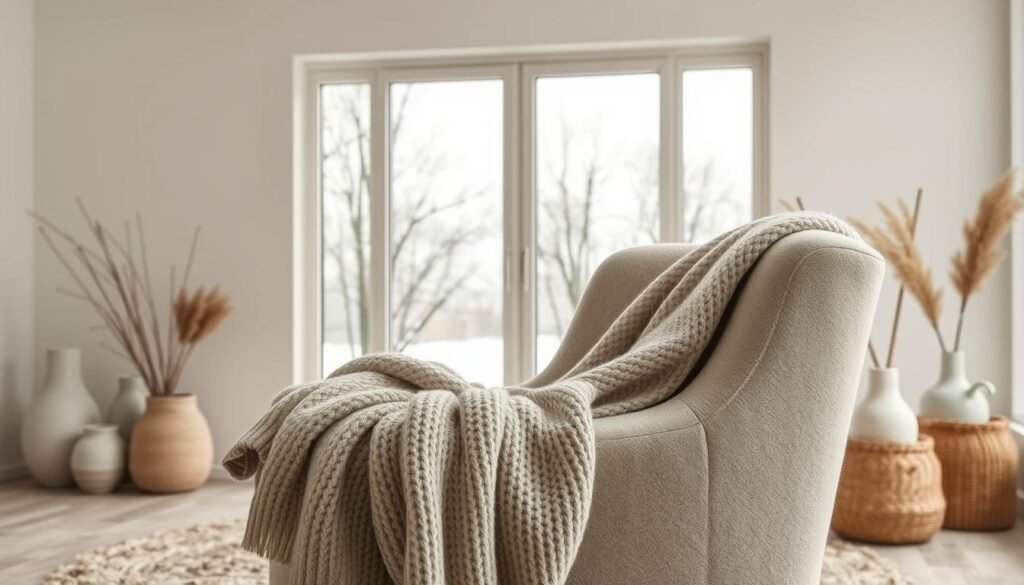 Soft, muted tones of taupe, ivory, and sage green fill a cozy winter scene. In the foreground, a knitted throw blanket drapes over a plush, neutral-colored armchair, the warm textures inviting touch. Behind it, a large window frames a tranquil landscape - bare trees against a gently overcast sky, light snow dusting the ground. The lighting is natural and diffused, creating a peaceful, calming ambiance. In the background, understated decor elements like ceramic vases and woven baskets add subtle pops of texture. The overall composition exudes a sense of serene, minimalist elegance - a harmonious winter palette that soothes the senses. Soft, muted tones of taupe, ivory, and sage green fill a cozy winter scene. In the foreground, a knitted throw blanket drapes over a plush, neutral-colored armchair, the warm textures inviting touch. Behind it, a large window frames a tranquil landscape - bare trees against a gently overcast sky, light snow dusting the ground. The lighting is natural and diffused, creating a peaceful, calming ambiance. In the background, understated decor elements like ceramic vases and woven baskets add subtle pops of texture. The overall composition exudes a sense of serene, minimalist elegance - a harmonious winter palette that soothes the senses.