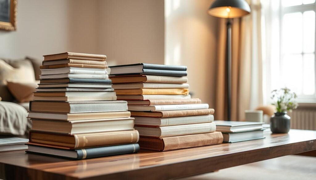 Stacked books decor on a wooden coffee table, arranged in varying heights and angles to create visual interest. The books have hardcover bindings in a mix of neutral and earthy tones, creating a rustic, sophisticated look. Soft, diffused lighting from a nearby floor lamp casts warm, gentle shadows, accentuating the textures and shapes of the books. The tabletop is clear, allowing the stacked books to be the focal point. A potted plant or small vase of flowers sits nearby, adding a touch of greenery and natural elements to the scene. The overall mood is one of calm, curated elegance, perfect for elevating the style of a living room or study.