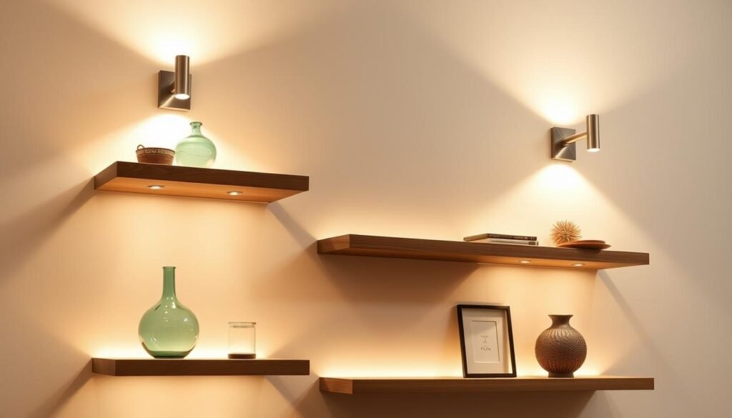 Striking wall sconces cast a warm, ambient glow on sleek, backlit shelves displaying tasteful decorative items. The shelves are made of natural wood, their edges softly illuminated to create depth and visual interest. Gentle shadows play across the wall, lending a cozy, inviting atmosphere. The sconces feature a modern, minimalist design with clean lines and a brushed metal finish, complementing the shelves' rustic yet refined aesthetic. Soft, diffused lighting bathes the scene, creating a harmonious, welcoming space perfect for displaying cherished objects and adding a touch of understated elegance. Striking wall sconces cast a warm, ambient glow on sleek, backlit shelves displaying tasteful decorative items. The shelves are made of natural wood, their edges softly illuminated to create depth and visual interest. Gentle shadows play across the wall, lending a cozy, inviting atmosphere. The sconces feature a modern, minimalist design with clean lines and a brushed metal finish, complementing the shelves' rustic yet refined aesthetic. Soft, diffused lighting bathes the scene, creating a harmonious, welcoming space perfect for displaying cherished objects and adding a touch of understated elegance.