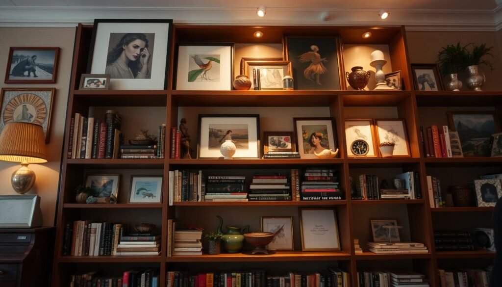 Themed bookshelf with art and decor Themed bookshelf with art and decor