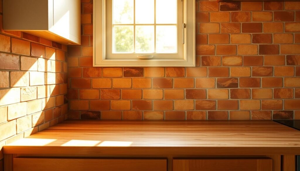 Warm terracotta tiles in a rustic, well-lit kitchen backsplash. Sunlight streams through a window, casting a golden glow on the textured, earthy tiles. The tiles are arranged in a classic, staggered pattern, with subtle variations in tone and hue. The kitchen countertop is a natural, weathered wood that complements the tiles' warmth. The overall scene exudes a cozy, inviting atmosphere, perfect for a charming, countryside-inspired kitchen space. Warm terracotta tiles in a rustic, well-lit kitchen backsplash. Sunlight streams through a window, casting a golden glow on the textured, earthy tiles. The tiles are arranged in a classic, staggered pattern, with subtle variations in tone and hue. The kitchen countertop is a natural, weathered wood that complements the tiles' warmth. The overall scene exudes a cozy, inviting atmosphere, perfect for a charming, countryside-inspired kitchen space.