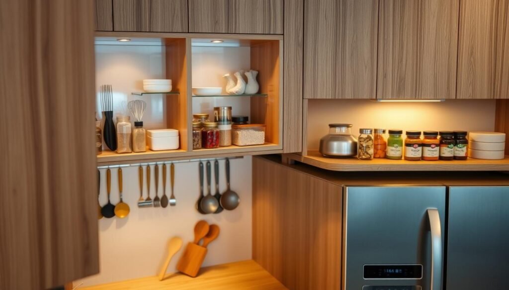 under cabinet storage solutions, minimalist kitchen interior, wooden cabinets and shelves, kitchen utensils and spices neatly organized, warm ambient lighting, soft shadows, high-angle shot, clean and clutter-free design, sleek and modern aesthetic, stainless steel appliances, natural wood textures, muted color palette, subtle details and accents, cohesive and visually appealing composition under cabinet storage solutions, minimalist kitchen interior, wooden cabinets and shelves, kitchen utensils and spices neatly organized, warm ambient lighting, soft shadows, high-angle shot, clean and clutter-free design, sleek and modern aesthetic, stainless steel appliances, natural wood textures, muted color palette, subtle details and accents, cohesive and visually appealing composition