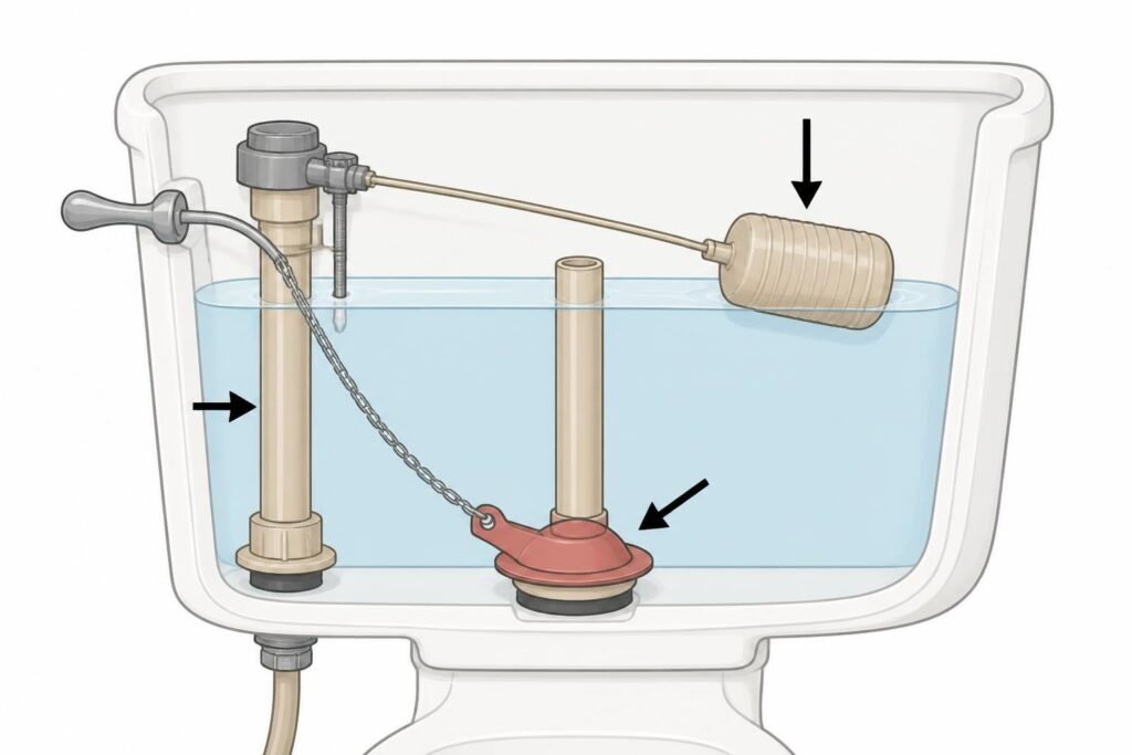 The three main parts inside a toilet tank — flapper, fill valve, and float.